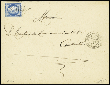 N°60 OBL GC 5125 + CAD T17 "Bordj - Arreridji Algérie" (1874) sur lettre. Ind 20. TB