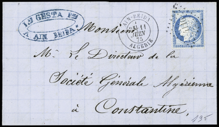 N°60 OBL PC du GC 4116 + T17 "Aïn-Beïda Algérie" (1875) sur lettre. Rare et TB
