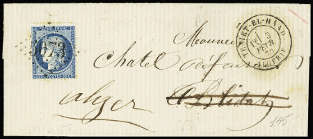 N°60 OBL GC 5073 + T17 "Teniet-El-Haad Algérie" (1873) sur lettre. Jolie pièce. Ind 17. TB