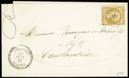 N°21 OBL PC du GC 4116 + CAD perlé T22 "Aïn-Beïda Algérie" (1863), sur lettre. Rare et TB