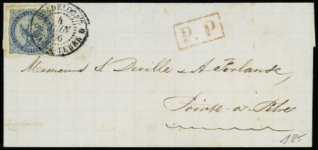 Col. Gen. N°4 OBL CAD seul "Guadeloupe Basse-Terre" (1866) sur lettre pour Pointe à Pitre avec "PP" encadré rouge. TB