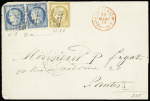 Col. Gen. N°11 + 12 en paire OBL losange de points muet + CAD "Guadeloupe Pointe à Pitre" (1872) sur lettre pour Nantes avec CAD d'entrée rouge "COL. FR PAQ. FR 2 St Nazaire 2" (1879) sur lettre pour la France. TB