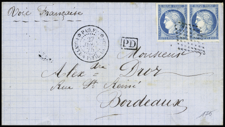 Col. Gen n°23, 25c bleu en paire, OBL losange de points muet + CAD "PAQ. FR. Pointe à Pitre GUADe"" (1875) sur lettre. TB