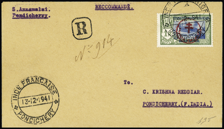 Inde n°230T, France toujours, 1F vert et outremer OBL Pondichery (1941) sur lettre recommandée. TB. Cote 350€