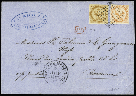 Col. Gen. N°3 + 5 OBL losange de points muet + CAD "St Pierre Martinique" (1863) sur lettre pour Bordeaux. TB