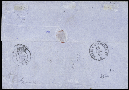 Col. Gen. N°3 + 5 OBL losange de points muet + CAD "St Pierre Martinique" (1863) sur lettre pour Bordeaux. TB