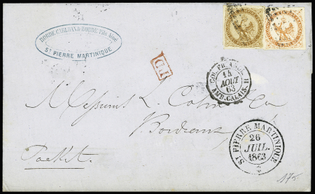 Col. Gen. N+3 + 5 OBL losange de points muet + CAD "St Pierre Martinique" (1863) sur lettre pour Bordeaux. TB