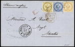 Col. Gen. N°3 + 4 + 5 OBL losange de points "MQE" + CAD "Martinique St Pierre" (1866) sur lettre pour Nantes, AFF tricolore. TB