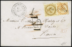 Col. Gen. N°3 + 5 OBL losange de points "MQE" + CAD "Martinique Fort de France" (1866) sur lettre pour Besançon avec taxe 6 tampon façon manuscrite rayée à la plume. TB