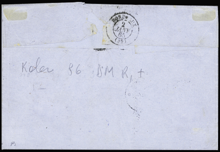 Col. Gen. N°3 en bande de 3 + n°5 OBL losange de points "MQE" + CAD "Martinique St Pierre" (1864) sur lettre locale pour Bordeaux. TB