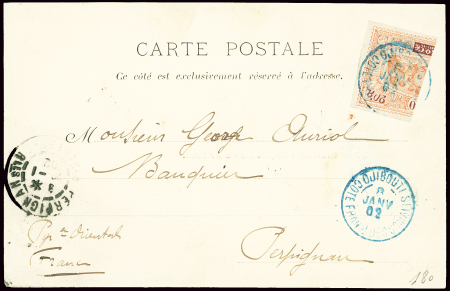 N°53a, demi-timbre OBL Djibouti (1902) sur carte postale