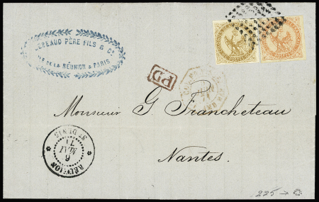 Col. Gen. n°3+5 OBL losange de points muet + CAD "Réunion St Denis" (1871) sur lettre pour Nantes. TB