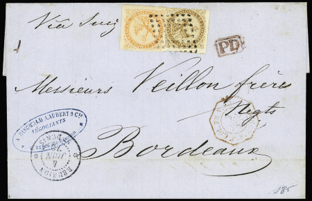 Col. Gen. n°3+5 OBL losange de points muet + CAD "Réunion St Denis" (1870) sur lettre pour Bordeaux. TB