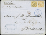 Col. Gen. n°3+5 OBL losange de points bleu + CAD bleu "Réunion St Denis" (1870) sur lettre pour Bordeaux. TB
