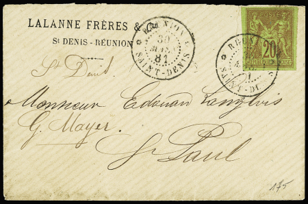 Col. Gen. n°42, 20c brique sur vert, OBL CAD "Réunion Saint Denis" (1881) répété à côté sur lettre pour saint Paul. Jolie pièce