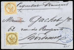 Col. Gen. n°3+5 OBL losange de points bleu "GOR" + CAD bleu "Sénégal et DEPces Gorée" (1864) sur lettre pour Bordeaux. TB