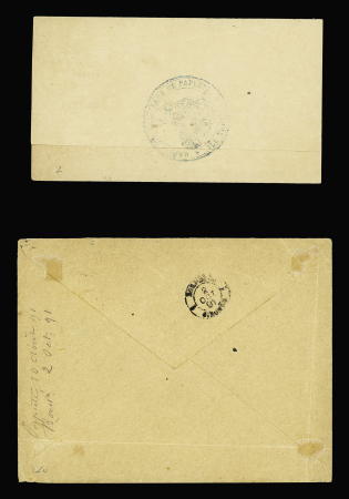 2 lettres : Col. Gen. n°49 en paire OBL CAD "Papeete Taïti" (1886) sur imprimé local et Col Gen n°54 OBL CAD "Papeete Taïti" (1891) sur lettre pour Bordeaux. TB