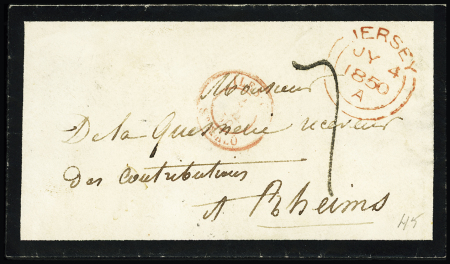 LST avec CAD rouge "Jersey" (4 juillet 1850) pour Reims avec CAD d'entrée rouge "Iles - C St Malo" + taxe 7 tampon façon manuscrite. TB