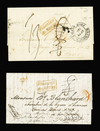 2 LST avec marque encadrée rouge "Colonies art 12" dont l'une avec grand CAD "Mauritius post office" (1845). TB