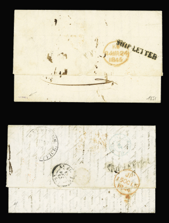 2 LST avec marque encadrée rouge "Colonies art 12" dont l'une avec grand CAD "Mauritius post office" (1845). TB