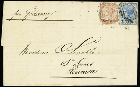 Maurice  n°49+56 sur lettre pour Saint Denis Réunion avec CAD d'arrivée au verso. TB