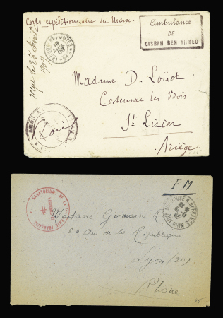 13 plis divers du 20ème siècle pour la plupart dont LF avec CAD "1 Tor et Pes aux armées 1 Madagascar 1" (1896) + cachet violet "Corps expéditionnaire de Madagascar - groupe d'artillerie de marine - le commandant". TB