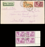 N256, Sourire de Reims + n°145 sur lettre par avion pour l'Egypte (1930) + bloc de 4 coin daté du n°256 OB. TB
