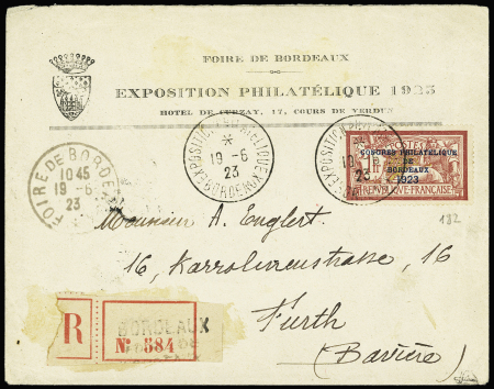 N°182 OBL CAD concordant "Exposition philatélique Bordeaux" (1923) sur lettre recommandée à en-tête de l'exposition. TB