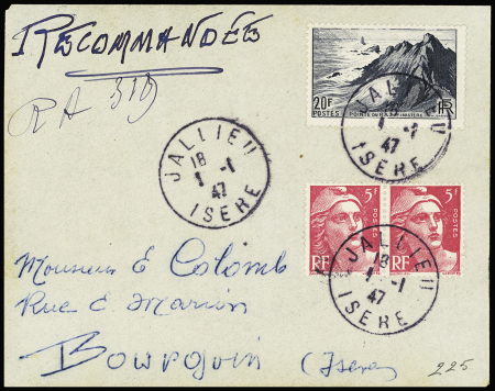 N°719A, 5F Gandon rose en paire + n°764 OBL CAD "Jallieu Isère" (1,1,47 - tarif durée une journée) sur lettre recommandée. Pas au tarif mais rare. TB