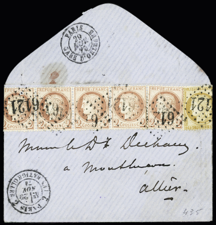 N°51, bande 4+1 (1ex pli) + n°55 (pli) OBL GC 6121 + CAD "2 Paris 2 les Batignolles" (1874) sur lettre avec correspondance autographe d'Alexandre Dumas fils, ensemble rare et TB.