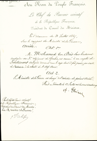 Lettre à en-tête "Le chef du pouvoir executif" signée par Adolphe Thiers : nomination d'un lieutenant indigène (22 juillet 1871). TB