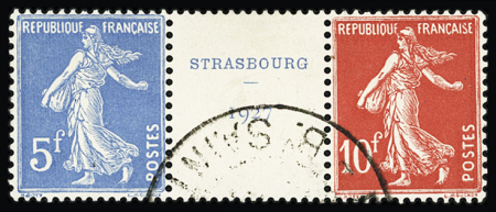 N°242A 5f bleu et 10f rouge Semeuse en paire avec intervalle