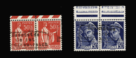 N°3 et 4, 50c rouge et 50c bleu en paire surcharge