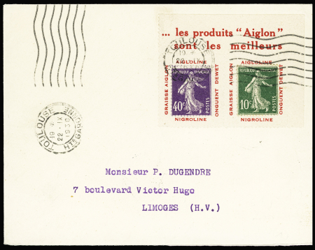 N°159 10c vert et n°236 40c violet avec porte-timbre