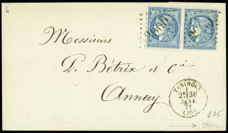 N°45B en paire obl. GC sur lettre de Taninges Haute-Savoie