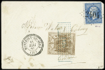 Lettre portant 1 timbre fiscal employé à UN USAGE NON CONFORME A SA DESTINATION. Lettre de Bureau à Bureau inférieure à 10g affranchie à 20c par 1 timbre dentelé Napoléon III selon le tarif du 1er janvier 1862. L