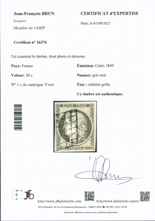 N°3c 20c gris-noir, obl. grille,  TTB. Certificat JF.Brun