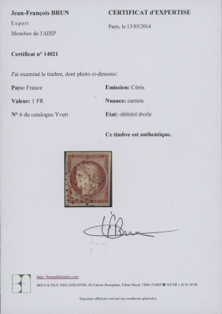 N°6 1f carmin, obl. étoile propre, TB. Signé Calves,