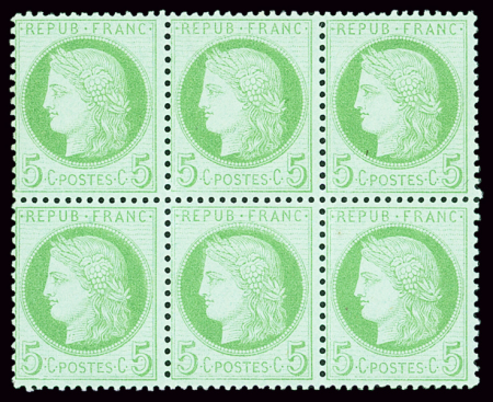 N°53 5c vert jaune sur azuré, neuf ** en bloc de 6