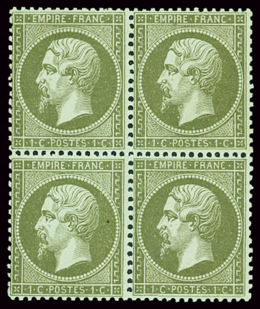 N°19 1c vert-olive, neuf en bloc de quatre, charnière