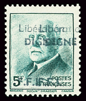 DIGNE N°12b 5fr vert bleu, variété double surcharge,