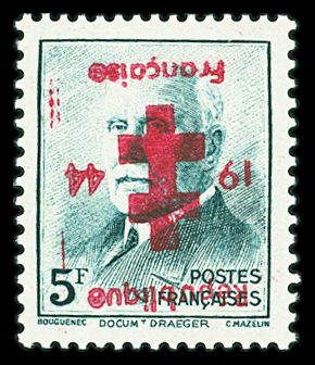 PROVINS N°43 5fr vert bleu, variété surcharge renversée,