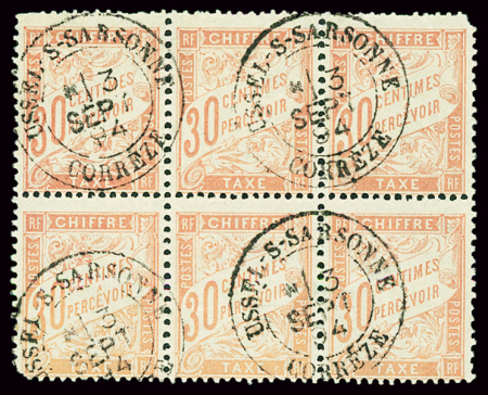 N°34 30c rouge orange, en bloc de 6 obl., extrêmement