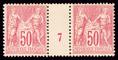 N°98 50c rose, paire millésime 7, neuf ** luxe, TB.