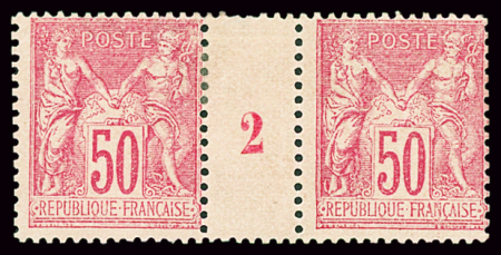 N°98 50c rose, paire millésime 2, neuf *, B/TB. Signé