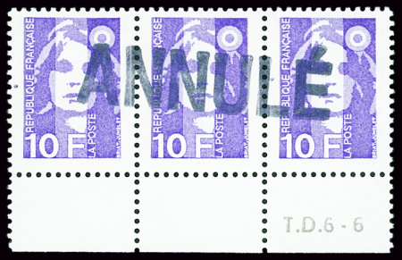 N°2626 10f violet, surcharge ANNULE sur bande 3, bdf