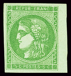 N°42B 5c vert-jaune, Report 2, bord de feuille, très