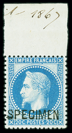 N°29Af 20c bleu Type I, surchargé SPECIMEN, bord de