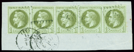 N°25 1c vert bronze en bande de cinq oblitéré GC et