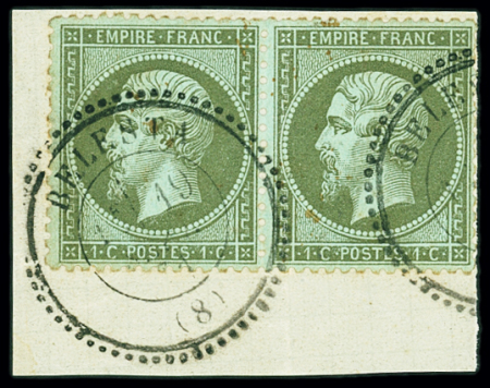 N°19 1c vert-olive en paire obl. T24 Belesta (8) 19